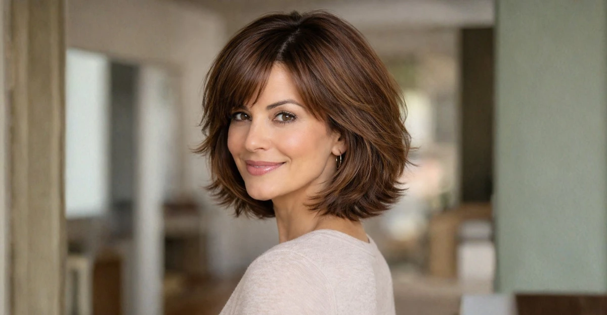 Woman with a feathered layered bob, soft volume, and natural face-framing texture.