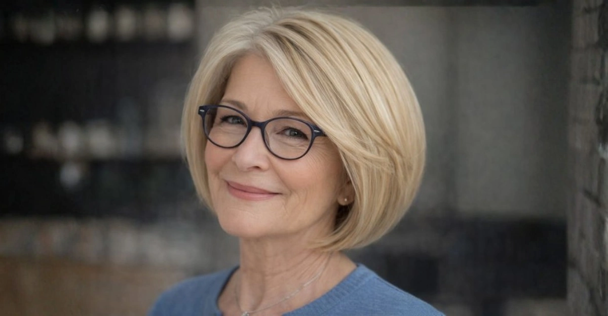 Bob haircut with side-swept bangs on a woman over 70 wearing glasses.