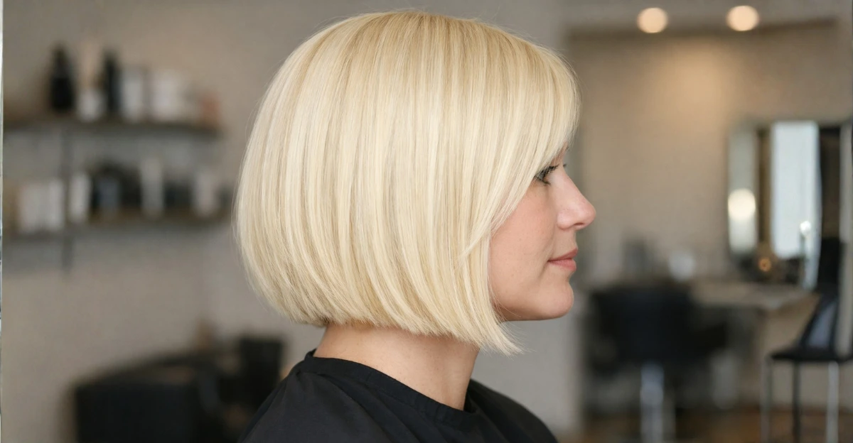 Side view of a woman with a sleek bright blonde bob haircut