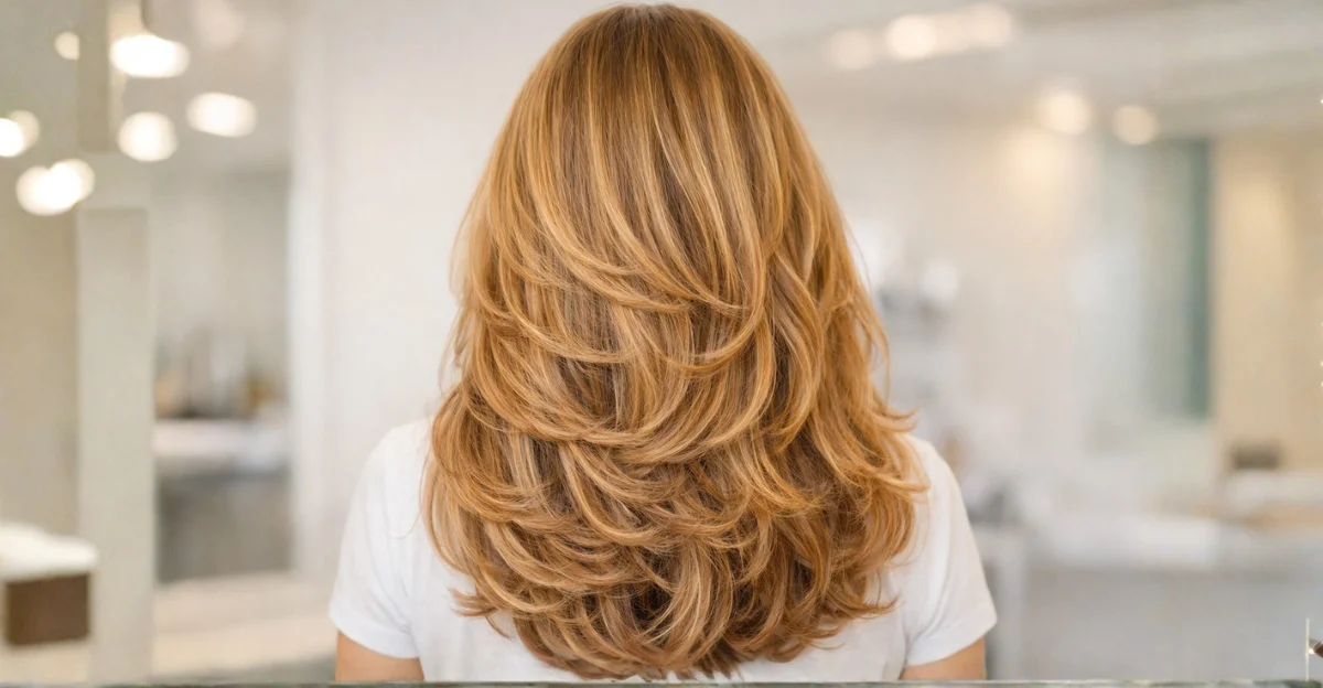 Brown butterfly haircut with blonde highlights and soft, voluminous layers.