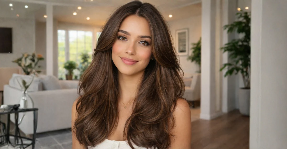 Butterfly layers with a middle part and soft, voluminous waves in brown hair.Butterfly Hairstyle With Blonde Balayage