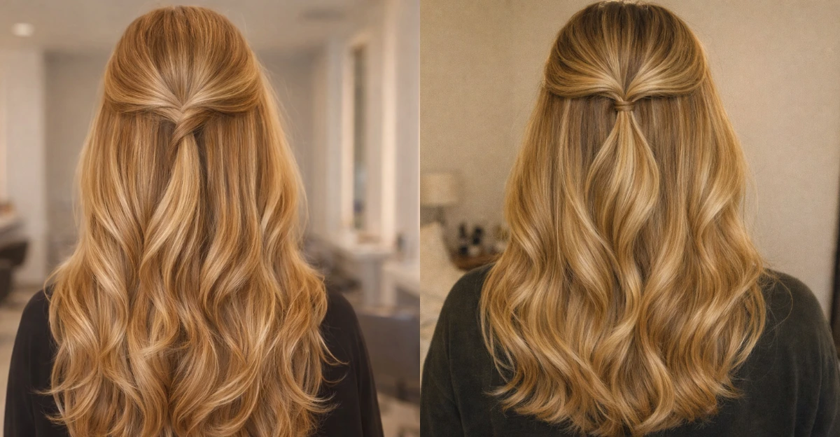 Back view of long butterscotch blonde hair styled in soft waves with a half-up twist.