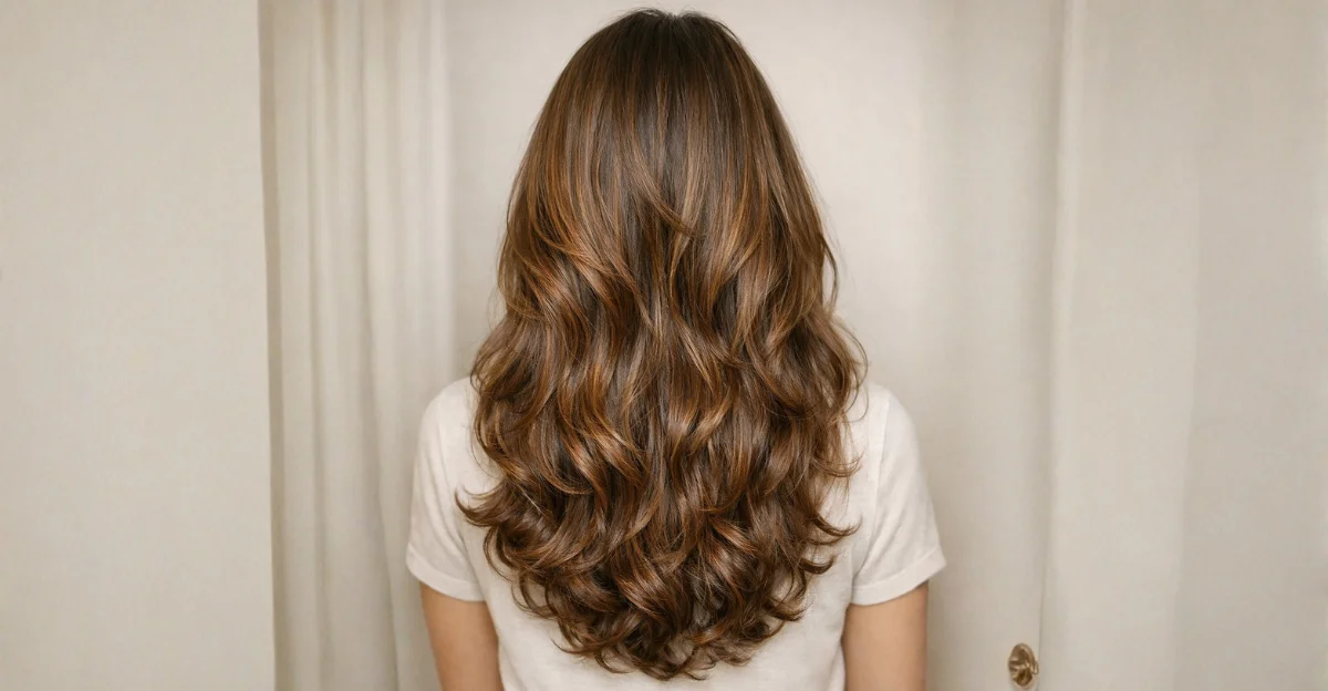 Caramel-highlighted butterfly haircut with soft waves and voluminous layers.