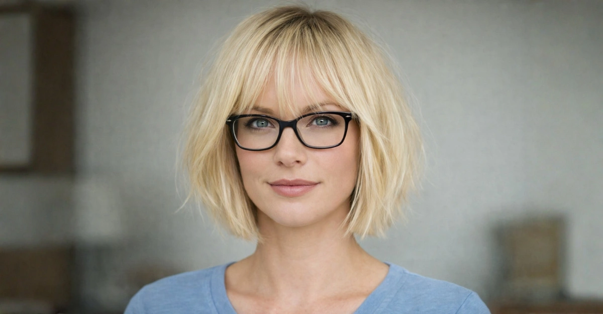 Chin-length short bob haircut with soft face-framing bangs and a light, natural texture.