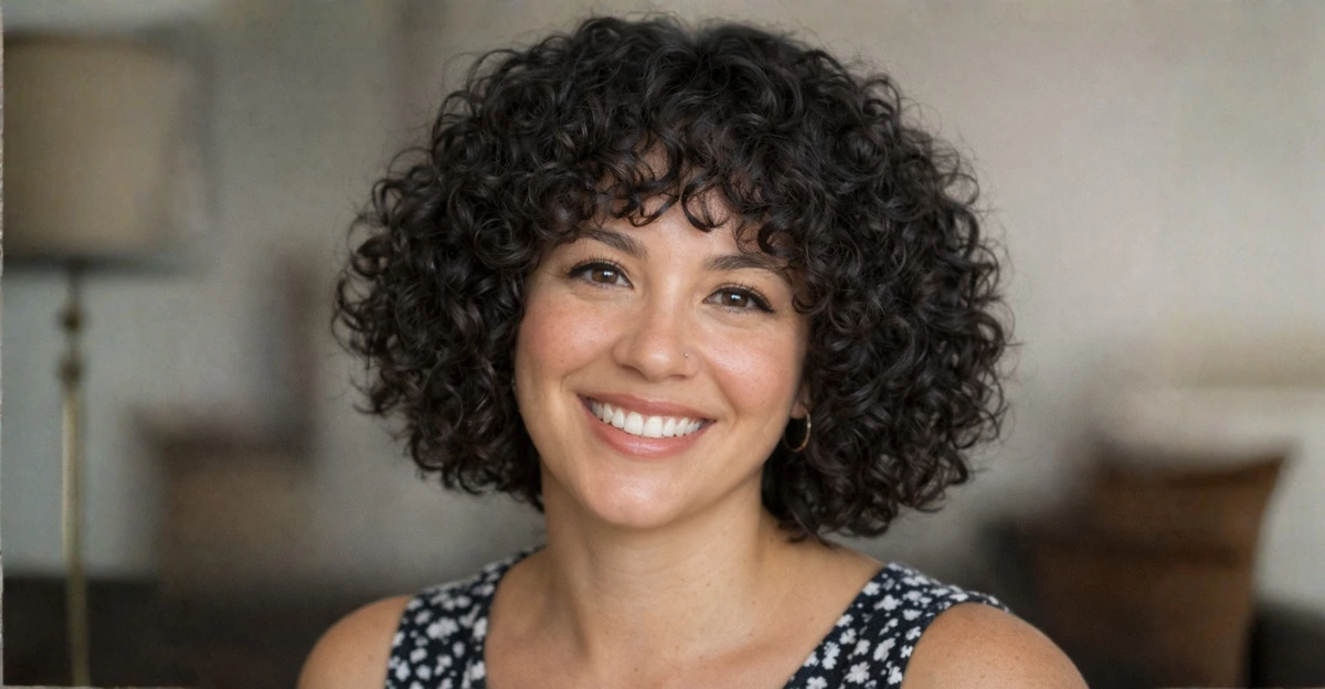 Chin-length curly bob with soft bangs, defined curls, and a natural rounded shape framing the face.
