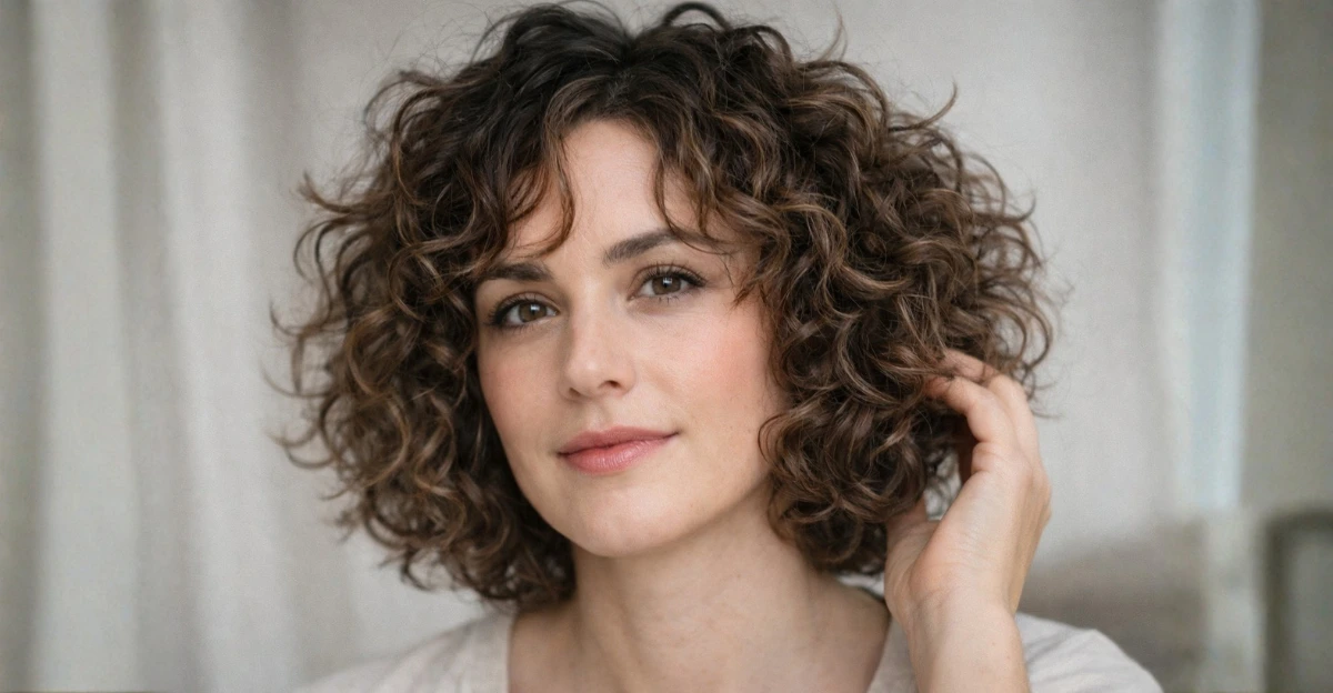 Classic curly bob with soft, rounded shape and natural curls framing the face.