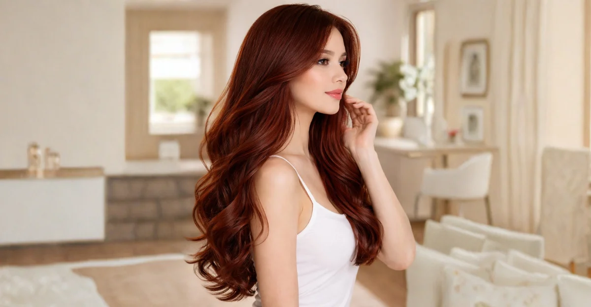 Copper red butterfly haircut with voluminous waves and shiny, smooth texture.
