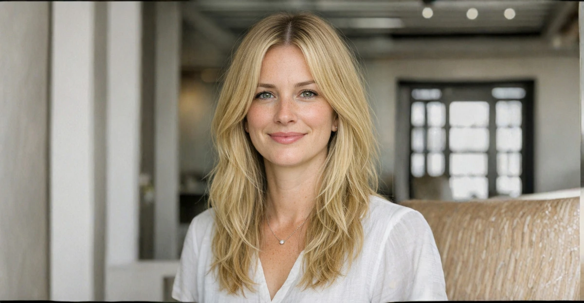 Woman with creamy blonde hair and soft layers