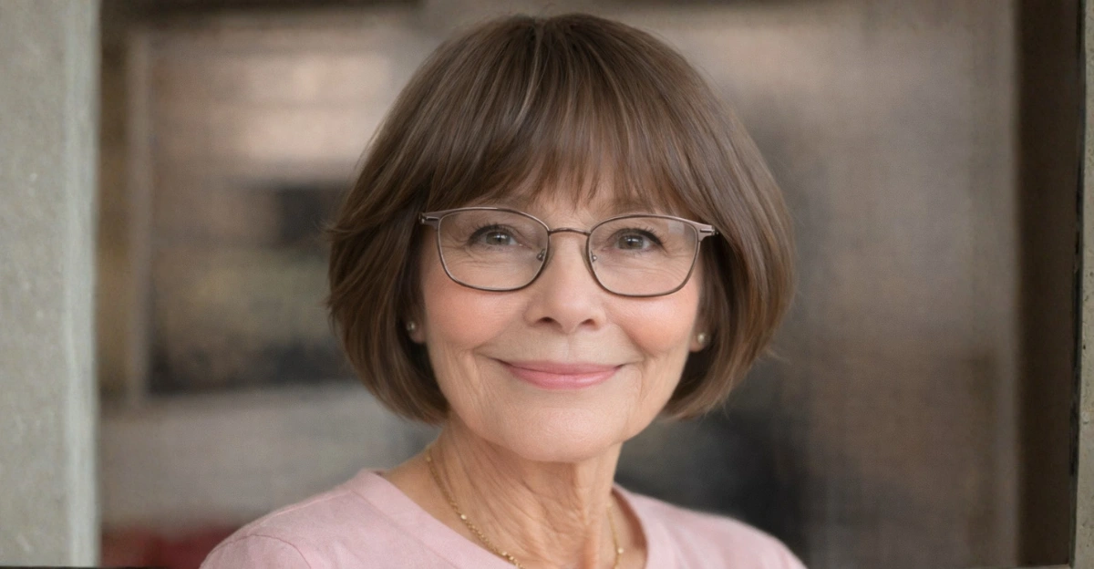 Cropped bob with bangs on a woman over 70 wearing glasses.
