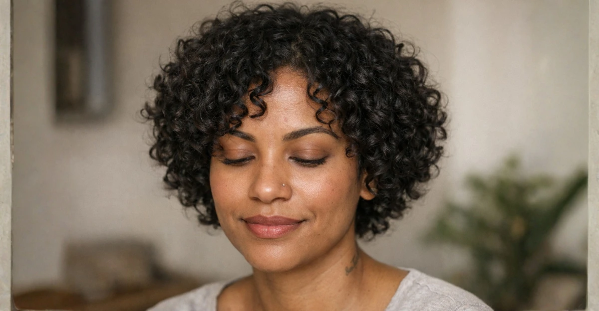 Cropped curly ringlets with tight definition, softly framing the face with natural texture.