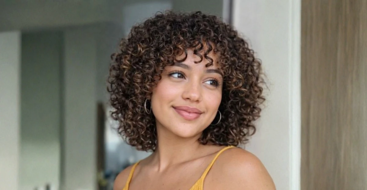 Curly bob haircut with defined ringlets and soft bangs, framing the face with natural volume.