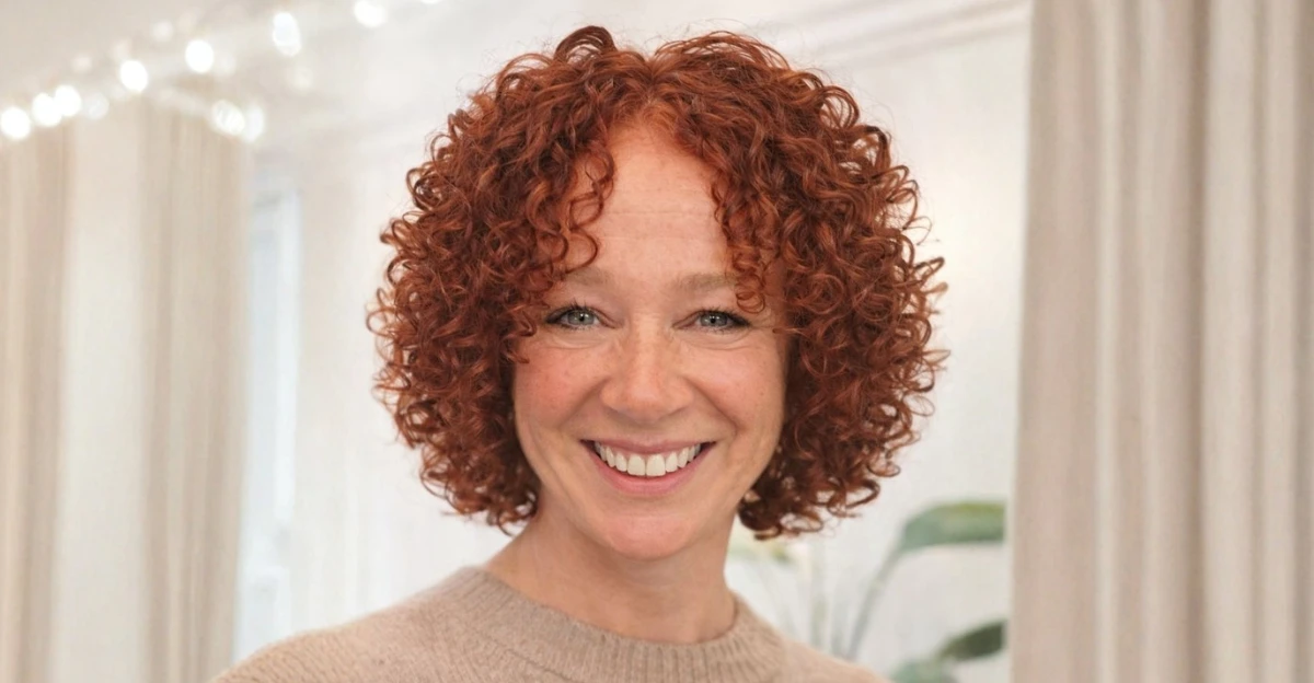 Curly bob with lifted crown, defined curls, and soft side bangs framing the face