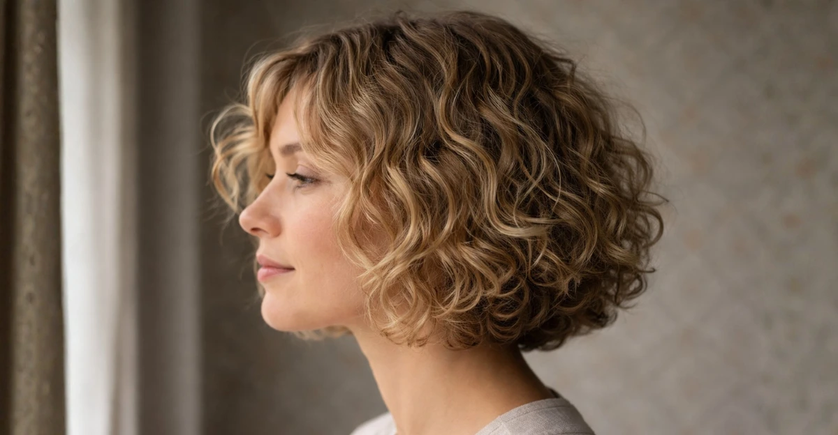 Curly bob with soft waves, rounded shape, and natural volume at jaw length.