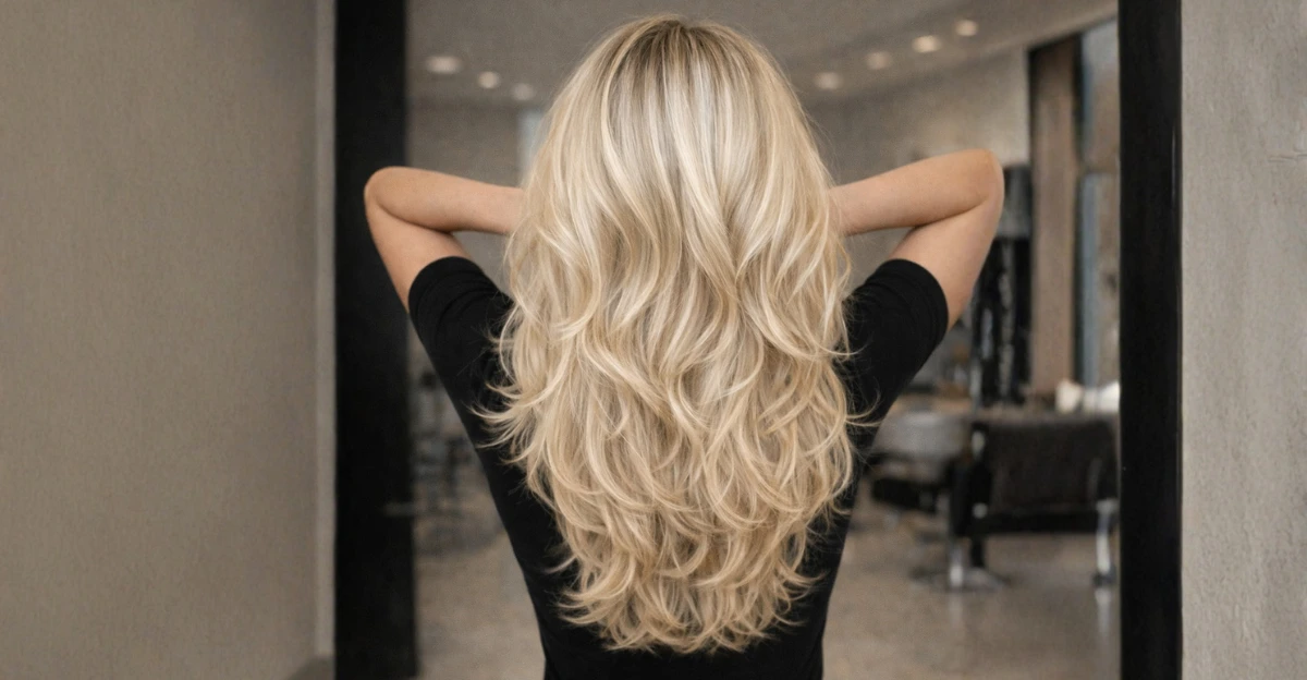 Back view of long platinum blonde hair with dark roots and soft, natural waves.