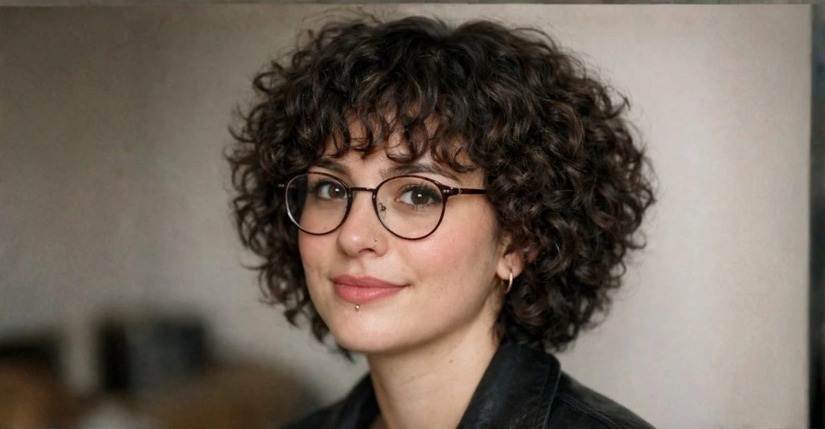 Defined curly cut with short bangs, tight curls, and soft volume framing the face.