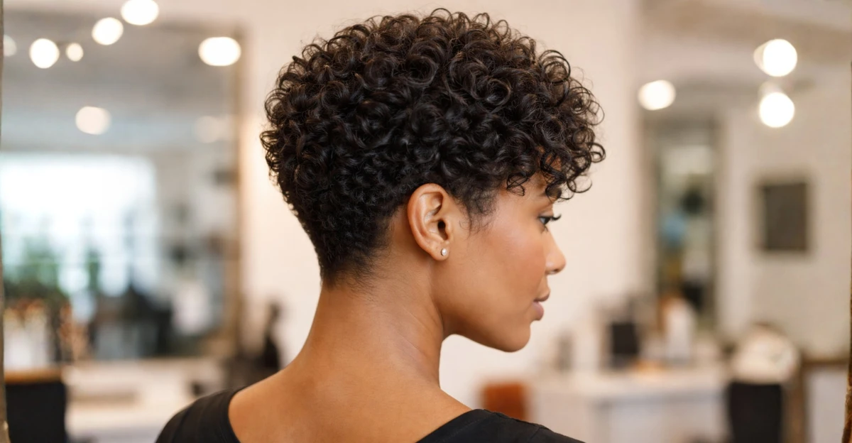 Side profile of a defined curly pixie with tight, sculpted curls and a tapered neckline.