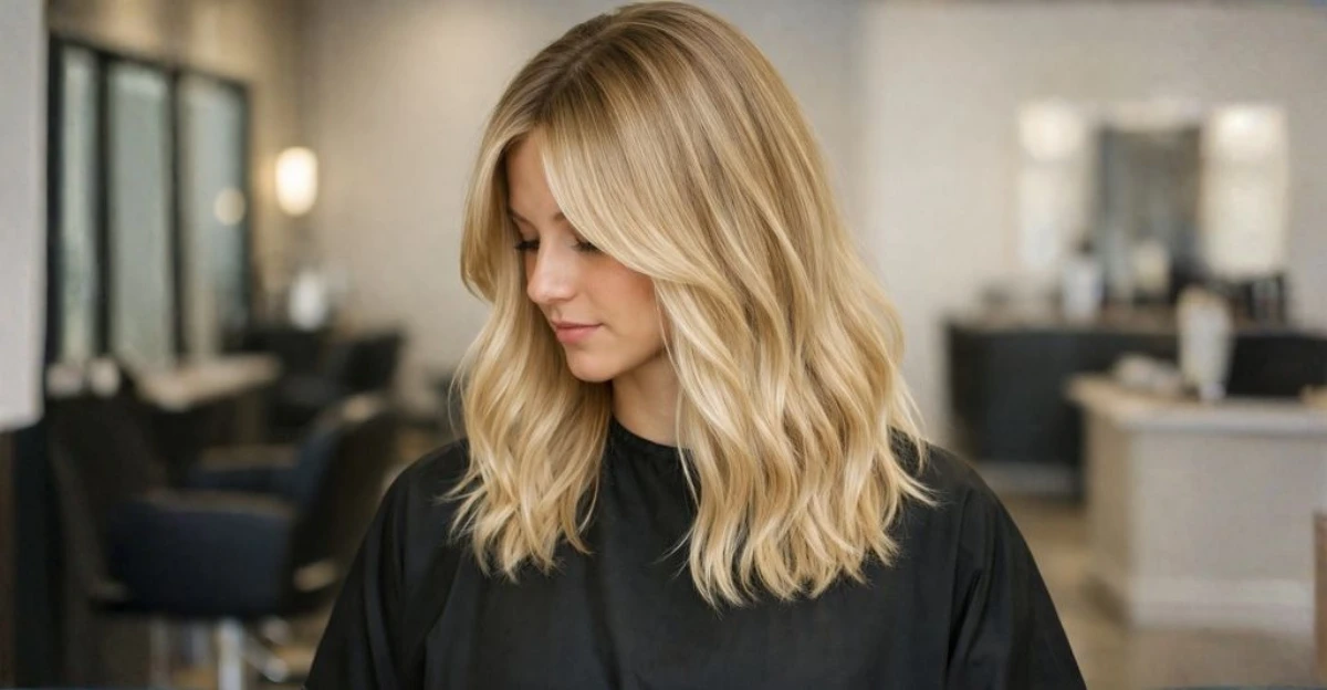 Woman with dimensional blonde hair and soft face-framing highlights, styled in loose waves.