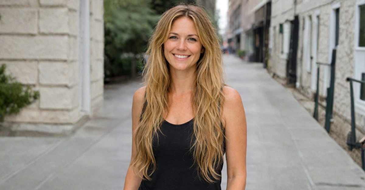 Woman with long dimensional golden blonde hair