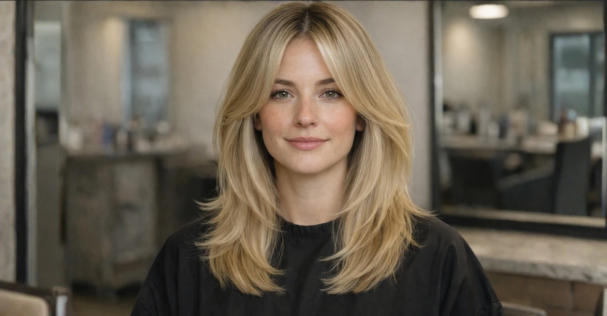 Woman with dirty blonde hair and lighter highlighted tips, styled in soft layers