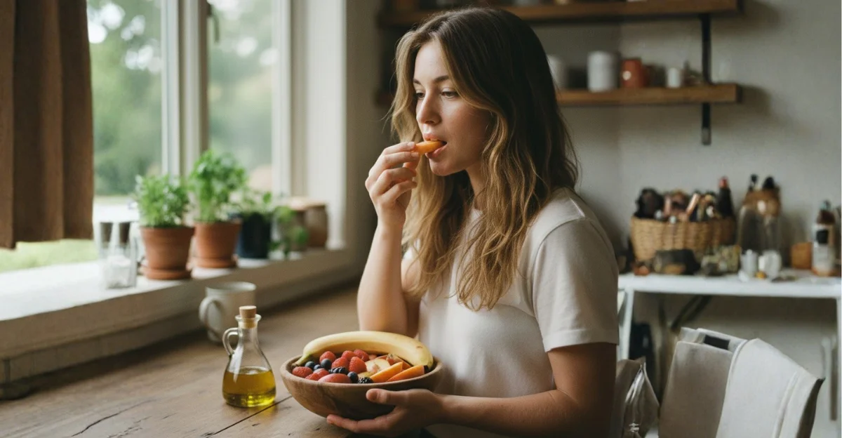 A woman in a sunlit kitchen eating fresh fruit from a bowl, illustrating the importance of a nutrient-rich diet for hair health.