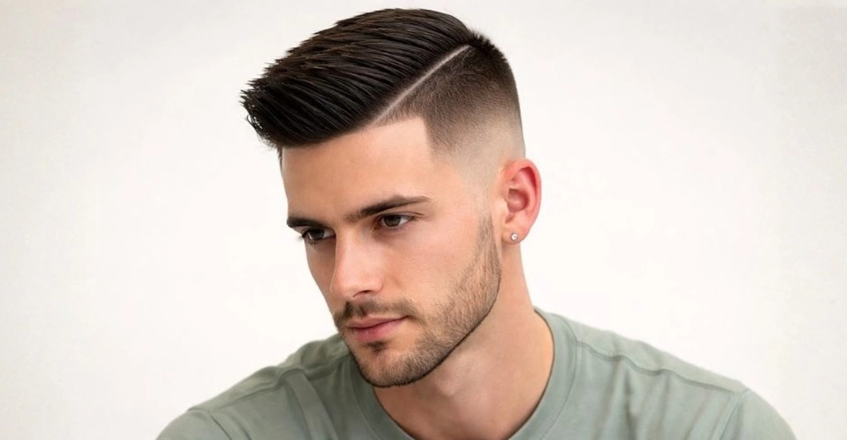 Edgy High Comb Over Fade with Hard Part