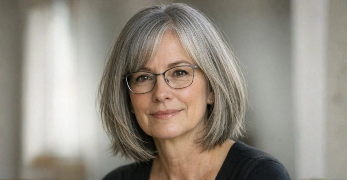 Face-framing bob hairstyle on a woman over 70 wearing glasses.
