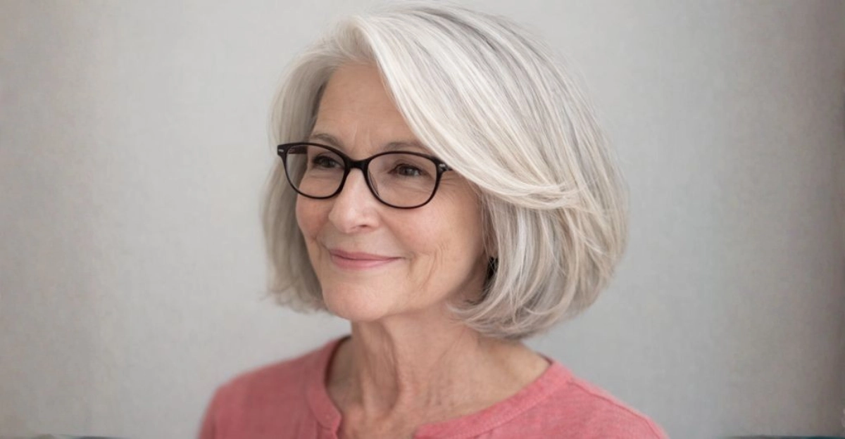 Face-framing silver bob on a woman over 70 wearing glasses.