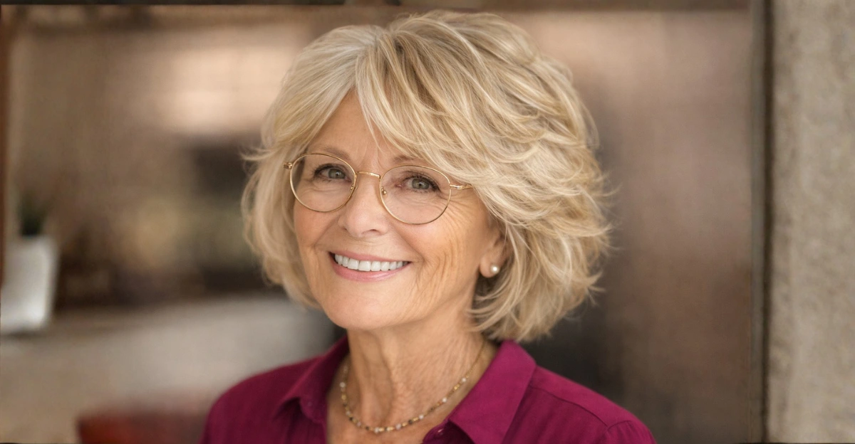 Feathered layers with curtain bangs on a woman over 70 wearing glasses.