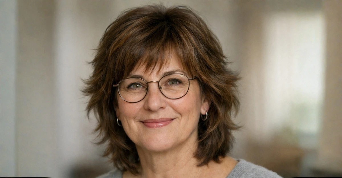 Feathered layered hairstyle on a woman over 70 wearing glasses.
