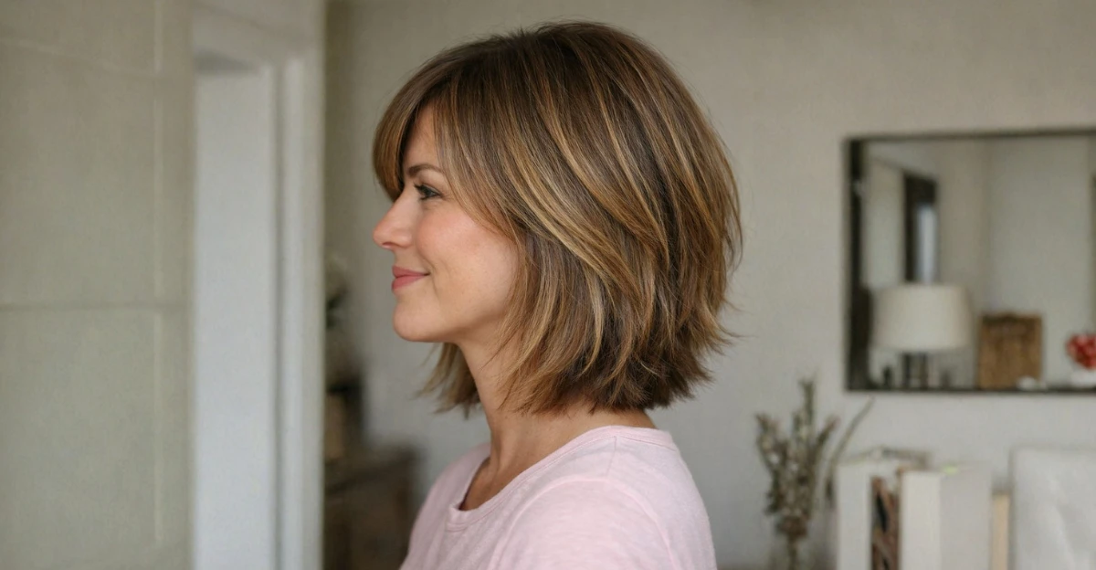 Side profile of a woman with a feathered lob and long side bangs framing the face.