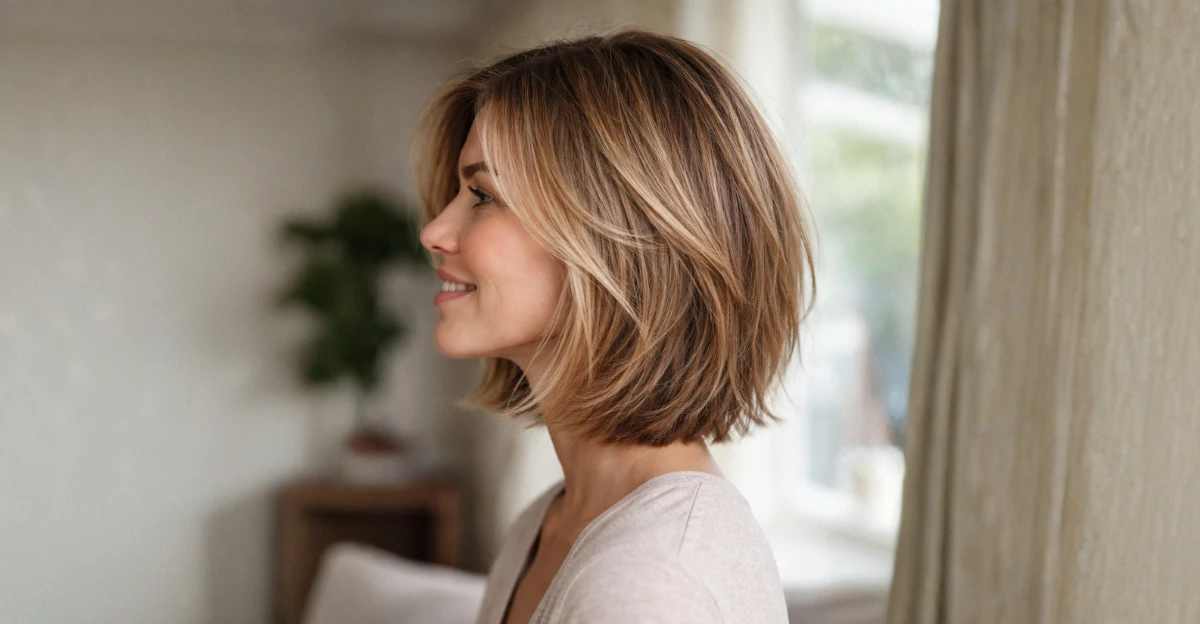Side profile of a woman with a feathered long bob and soft layered movement.