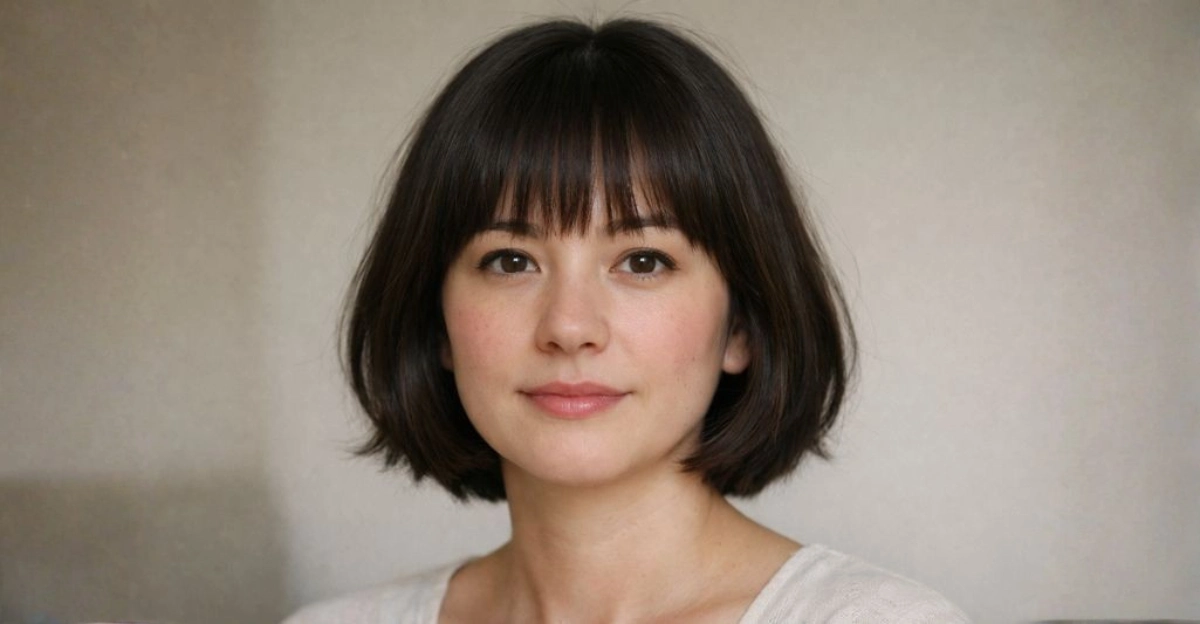 French short bob haircut with straight bangs and a soft, effortlessly chic shape.