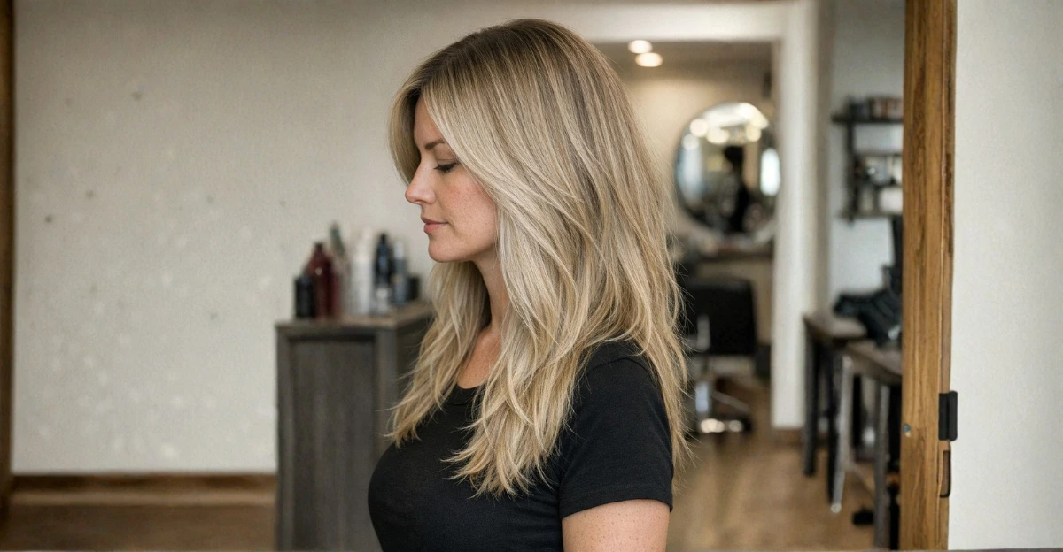 Side-profile of a woman with frosted cool blonde hair styled in soft, natural layers.