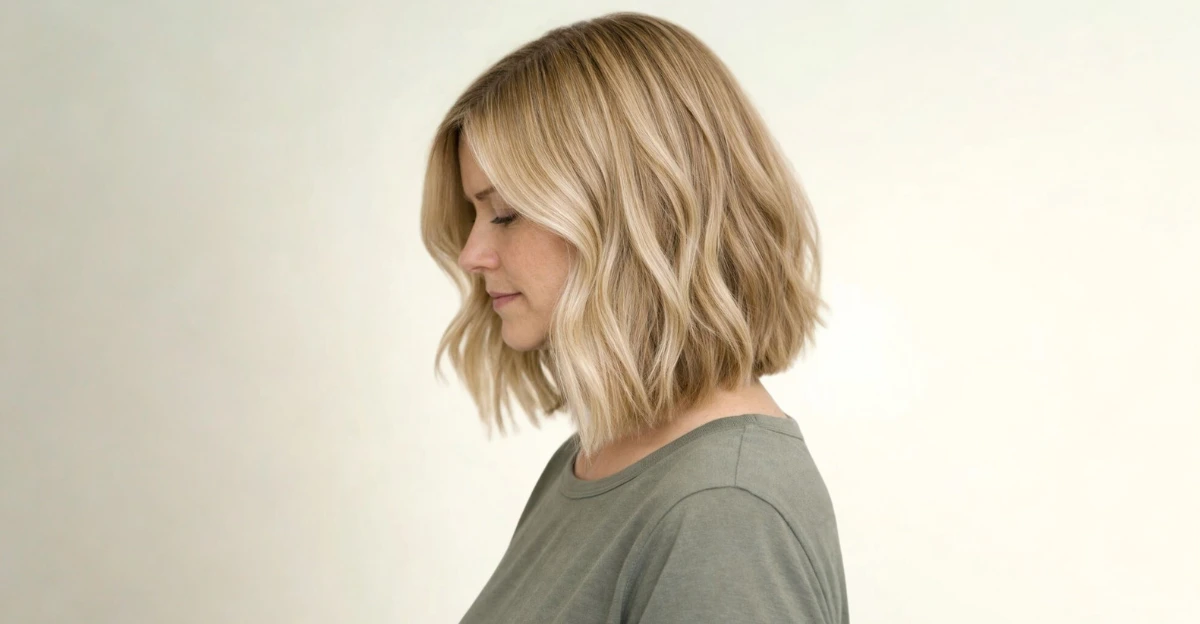 Side-profile of a woman with golden honey blonde hair and soft, blended highlights.