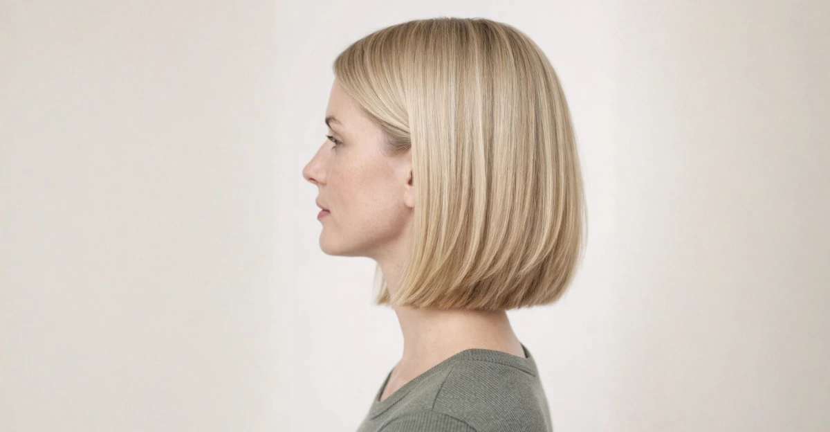 Side-profile of a woman with a smooth golden honey blonde bob and clean, natural finish.