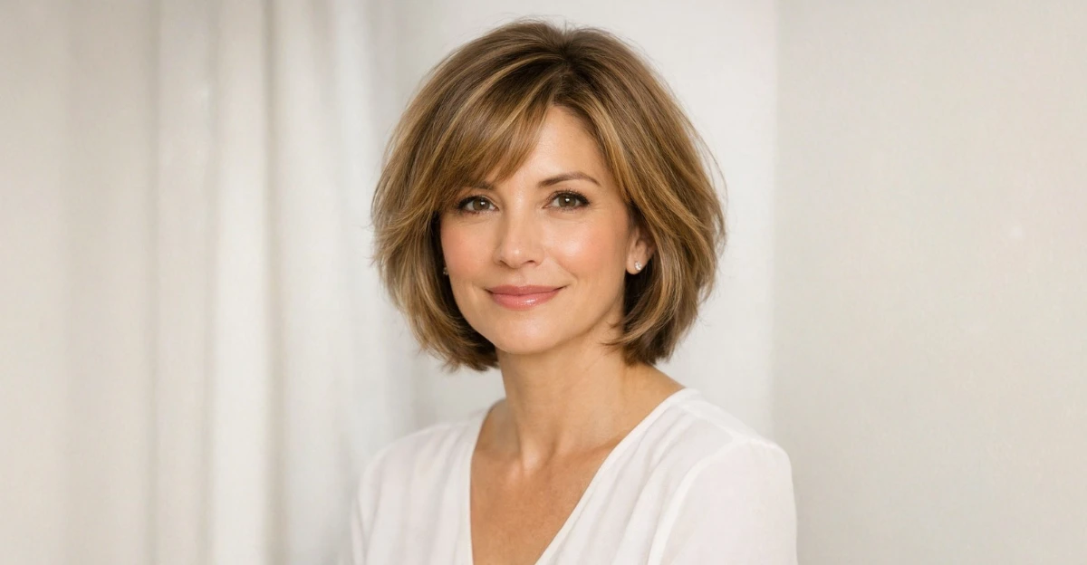 Woman with a short highlighted layered bob and soft face-framing layers.