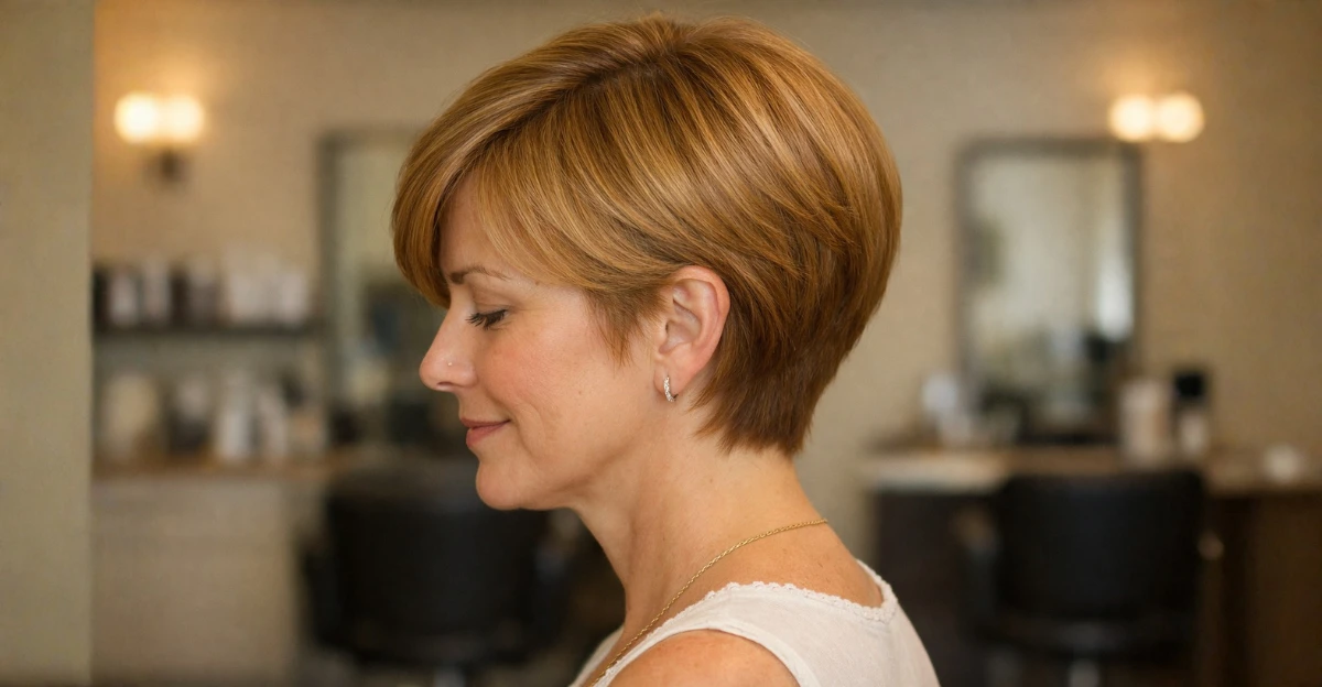 Side-profile of a woman with a short honey blonde haircut, softly layered and neatly styled