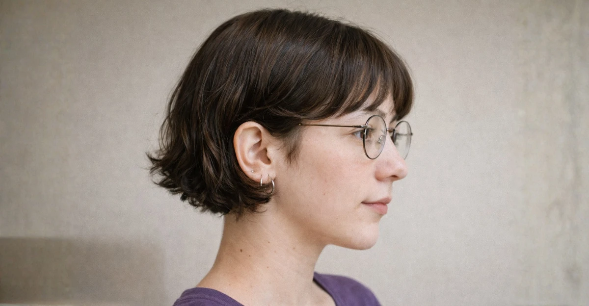 Jaw-length short bob haircut with neat bangs and a clean, softly contoured silhouette.