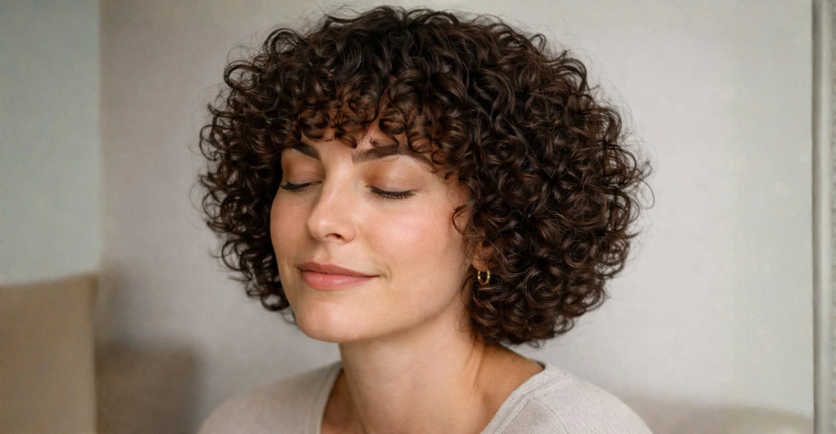 Jaw-length curly bob with soft, defined curls and short bangs framing the face.