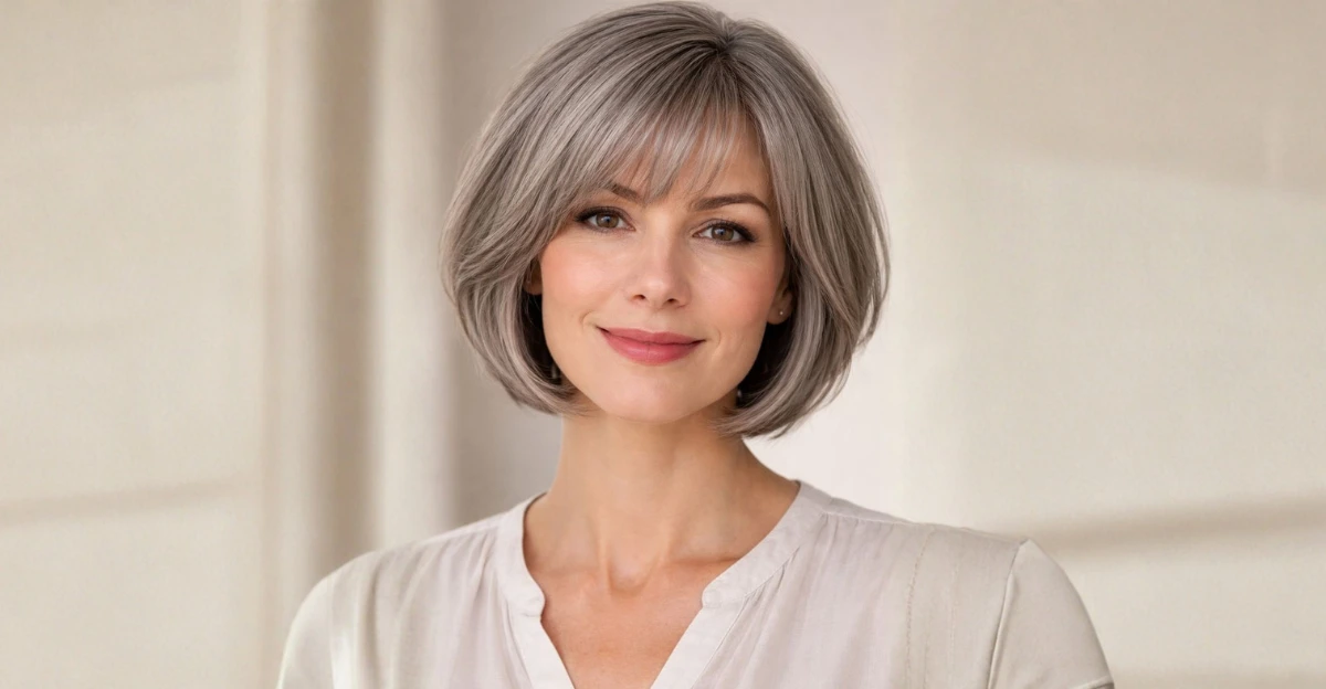 Woman with a jaw-length rounded layered bob and soft silver-gray hair.