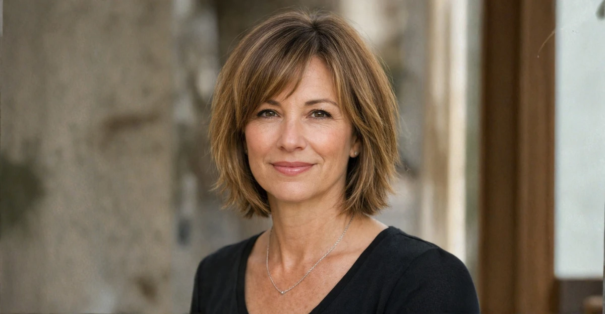 Woman with a soft layered bob haircut styled for fine hair.
