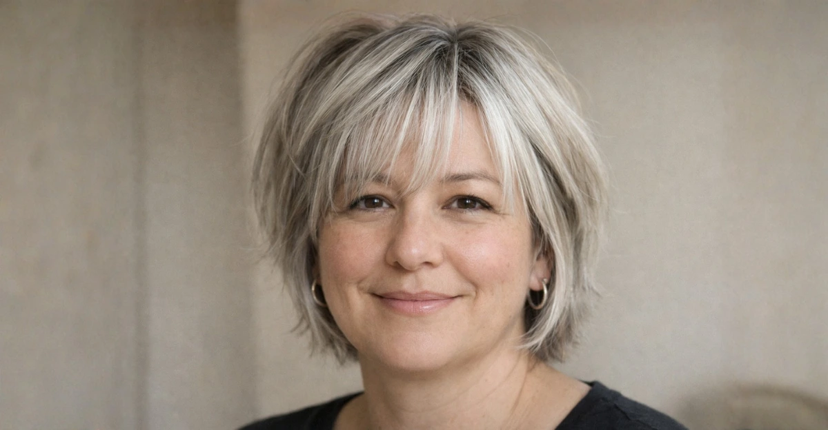 Layered short bob haircut with tousled bangs and a relaxed, softly textured finish.