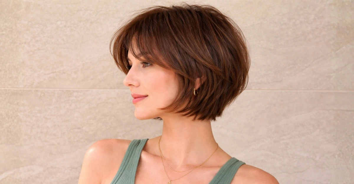 Layered short bob haircut with wispy bangs and soft movement around the jawline.