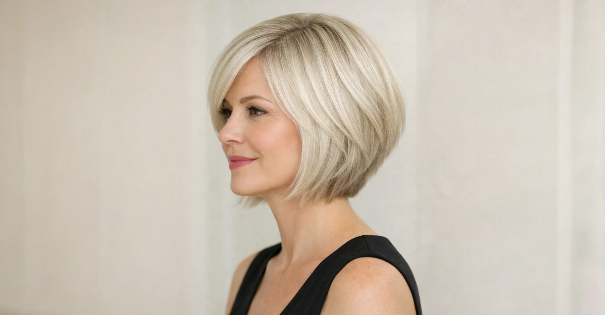 Woman in side profile with a short layered blonde bob haircut.