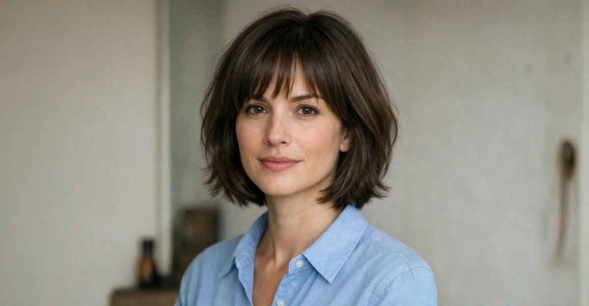 Woman with a layered brunette bob and soft bangs, facing forward.
