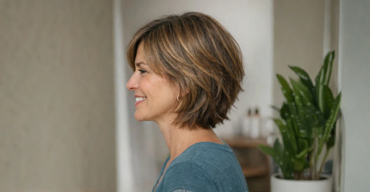 Side profile of a woman with a layered, feathered bob haircut.