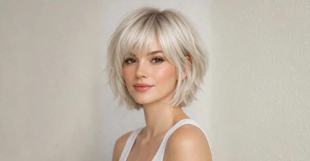Woman with a layered platinum bob featuring soft bangs and texture.