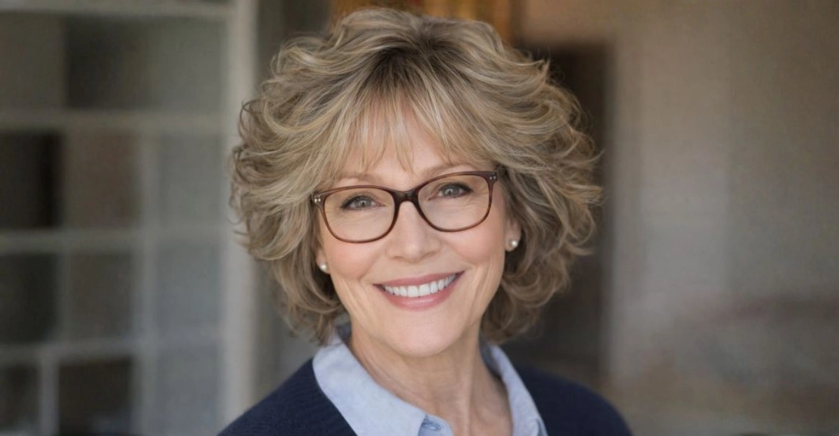 Layered short curly hairstyle on a woman over 70 wearing glasses.