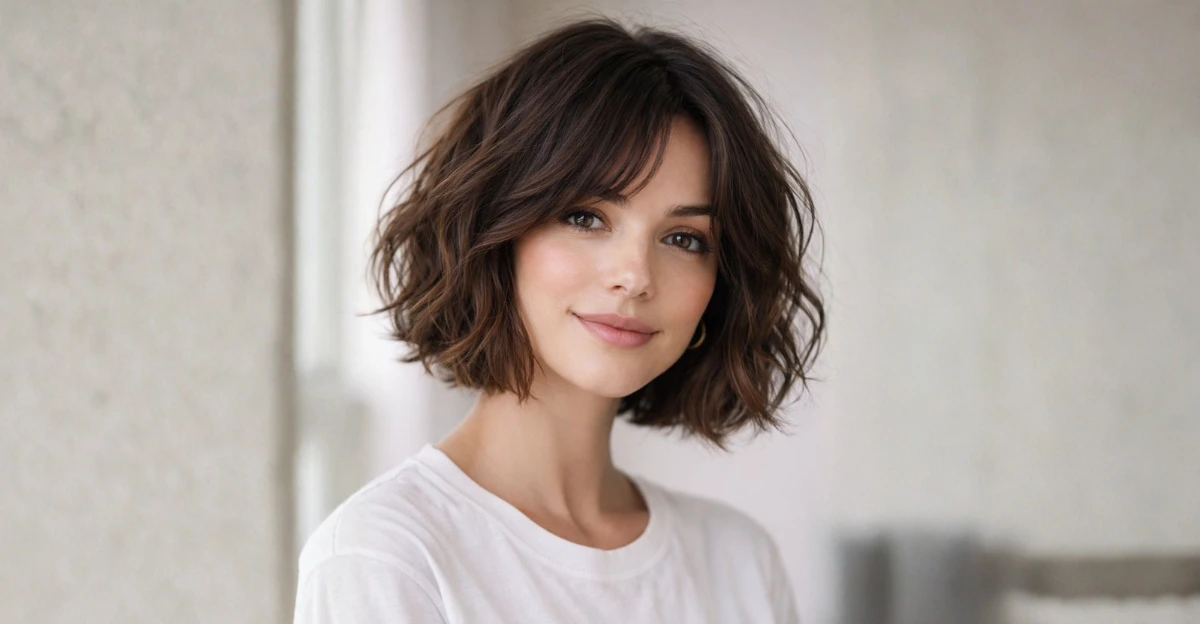 Woman with a layered wavy bob and soft, natural texture.