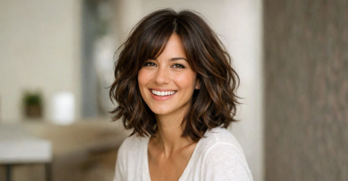 Woman with a layered wavy long bob, soft texture, and natural movement.